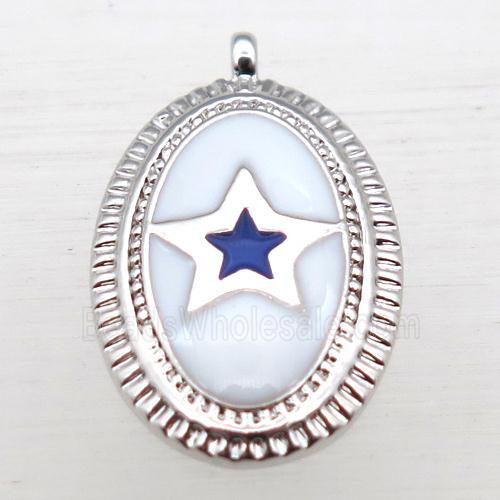 copper oval pendant with star enameling, platinum plated