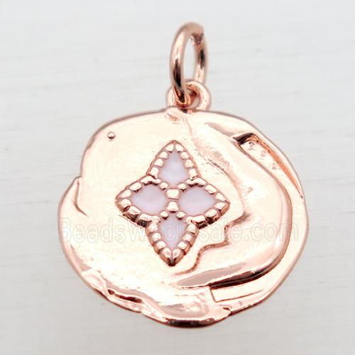 copper circle pendant with enameling, rose gold
