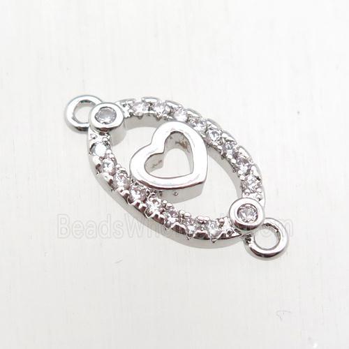 copper heart connector paved zircon, platinum plated