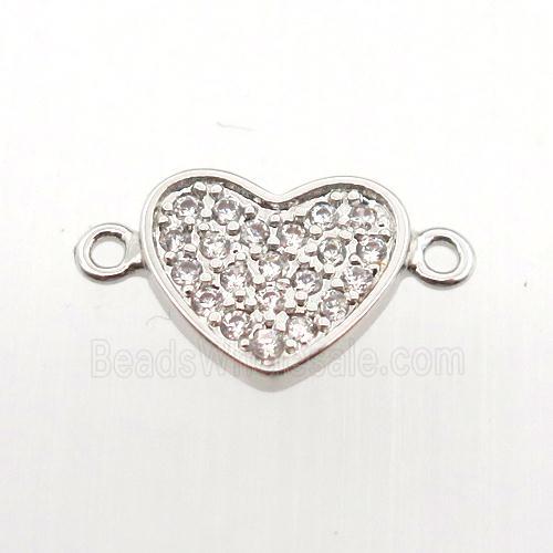 copper connector pave zircon, heart, platinum plated