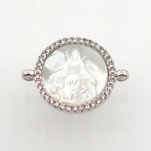 copper circle connector pave zircon with shell Jesu, platinum plated
