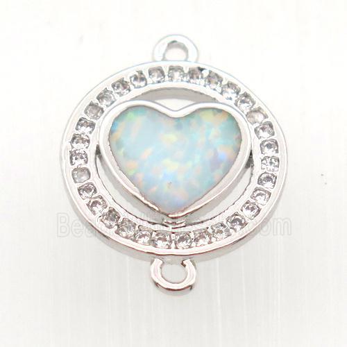 copper circle connector pave zircon with fire opal heart, platinum plated
