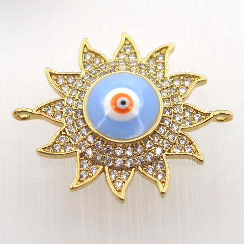 copper sun connector pave zircon with evil eye, gold plated