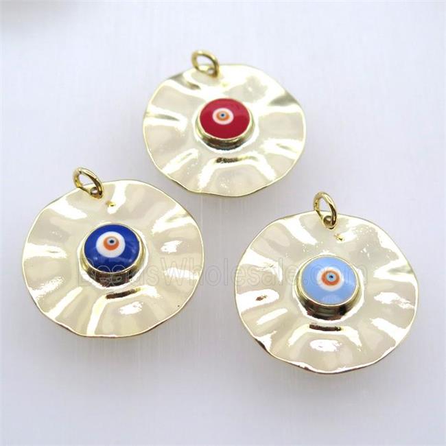 copper circle pendant with evil eye, gold plated, mixed