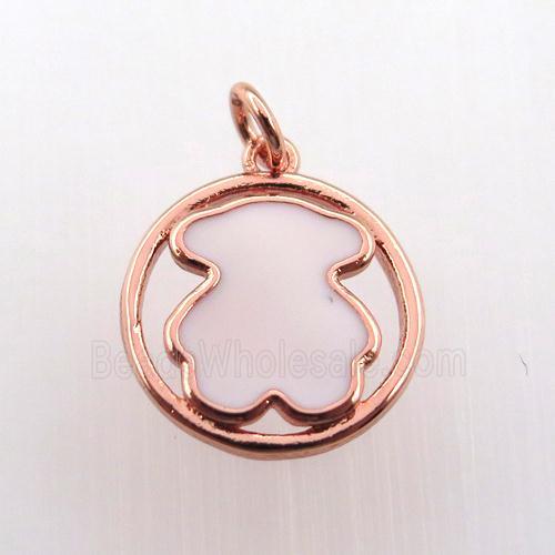copper circle pendant with white enameling bear, rose gold
