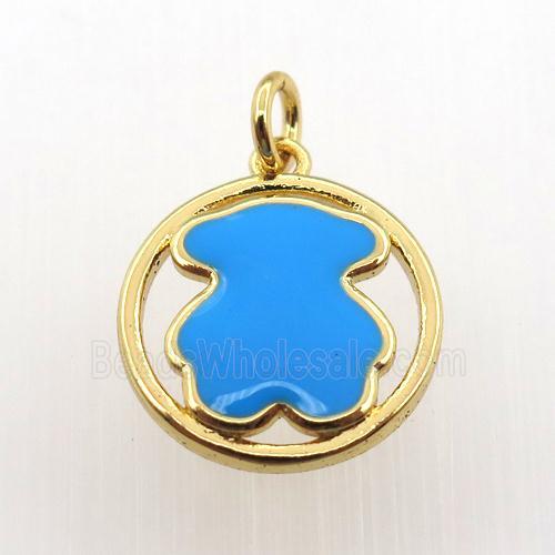 copper circle pendant with blue enameling bear, gold plated