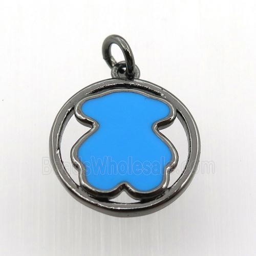 copper circle pendant with blue enameling bear, black plated