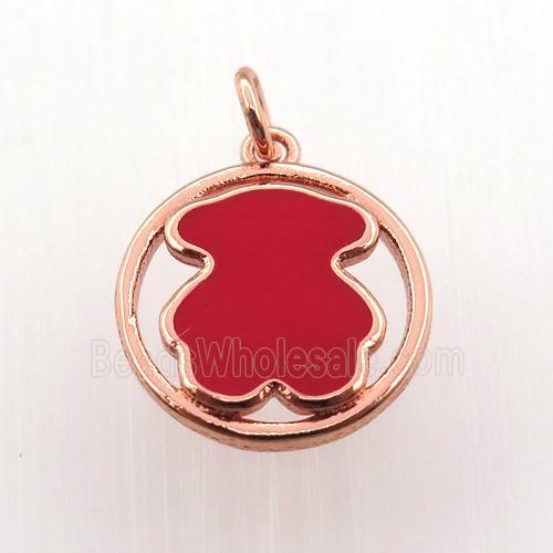 copper circle pendant red blue enameling bear, rose gold