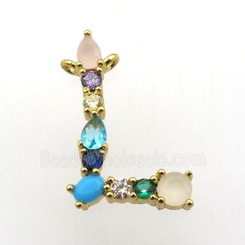 copper L-letter pendant paved zircon, gold plated
