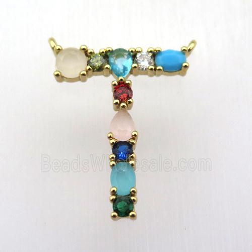 copper T-letter pendant paved zircon with 2loops, gold plated