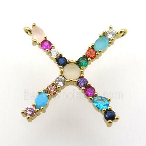 copper X-letter pendant paved zircon with 2loops, gold plated