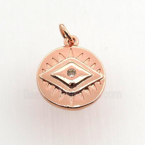 copper circle pendant paved zircon, eye, rose gold