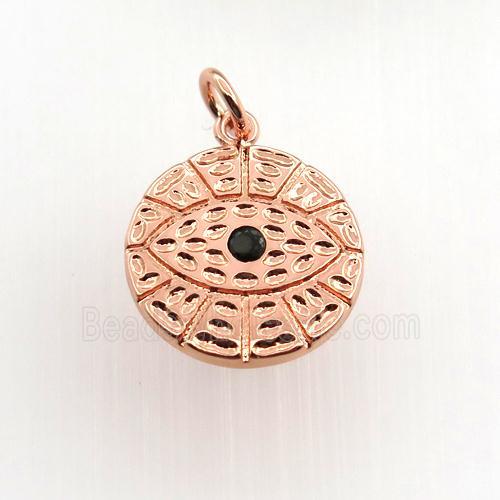 copper circle pendant paved zircon, eye, rose gold