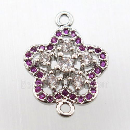 copper flower connector paved zircon, platinum plated