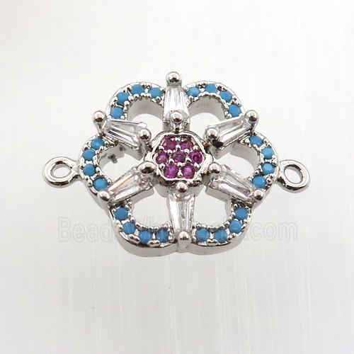 copper connector paved zircon, flower, platinum plated