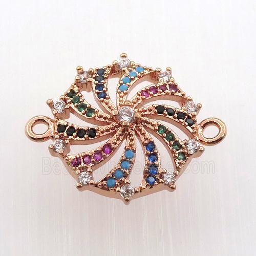 copper circle connector paved zircon, millwheel, rose gold