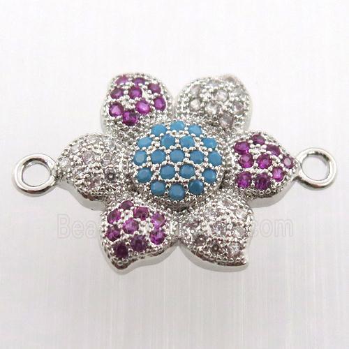 copper flower connector paved zircon, platinum plated
