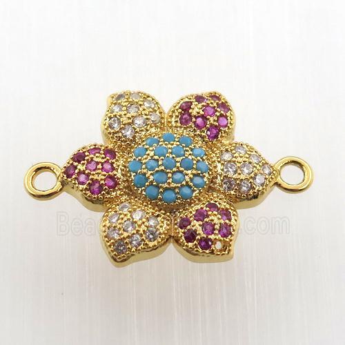 copper flower connector paved zircon, gold plated