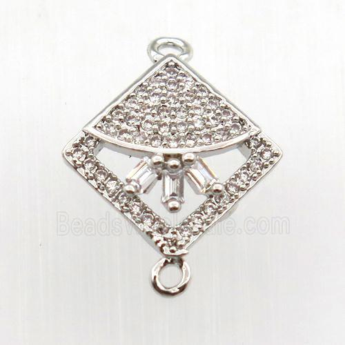 copper connector paved zircon, square, platinum plated