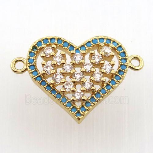 copper heart connector paved zircon, gold plated