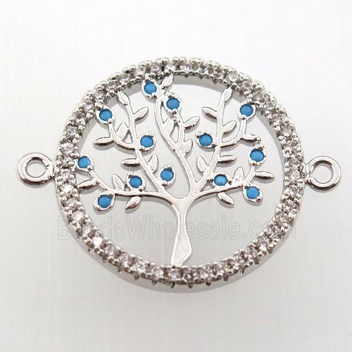copper connector paved zircon, tree of life, platinum plated