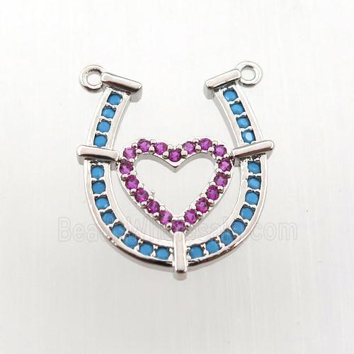 copper pendant paved zircon, heart-U, platinum plated