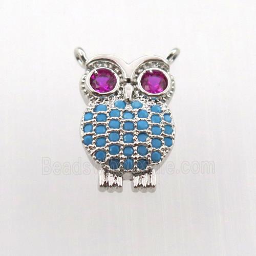 copper owl pendant paved zircon, platinum plated