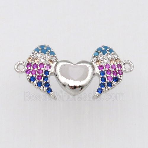 copper connector paved zircon, angel wing, platinum plated