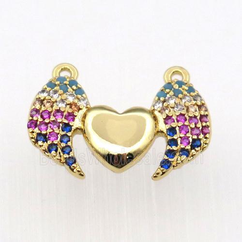 copper pendant paved zircon with 2loops, angel wing, gold plated