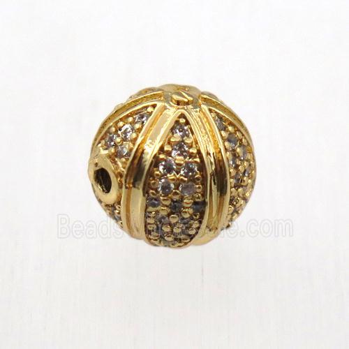 round copper beads pave zircon, gold plated