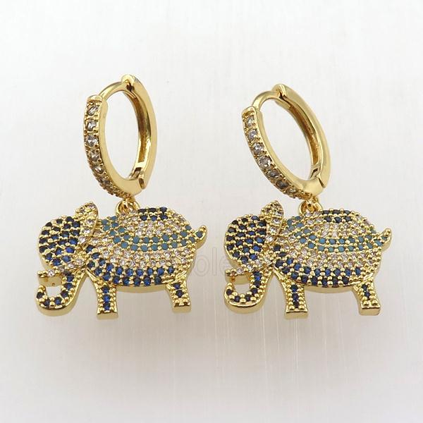 copper hoop earring pave zircon with elephant, gold plated