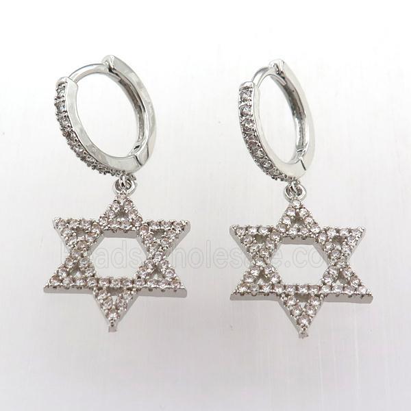 copper hoop earring pave zircon with davidstar, platinum plated
