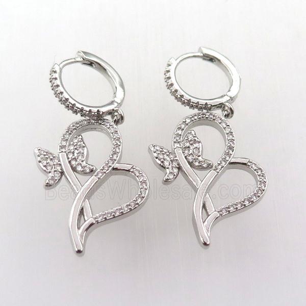 copper hoop earring pave zircon with butterfly, platinum plated