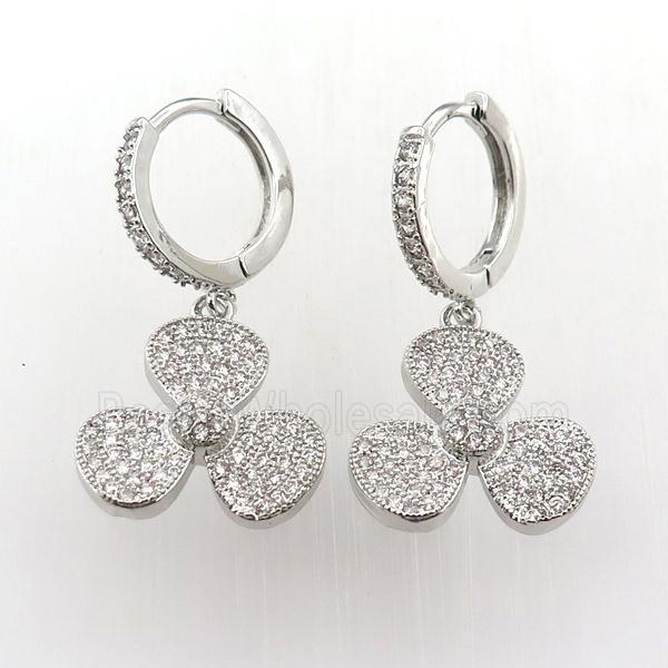 copper hoop earring pave zircon with clover, platinum plated