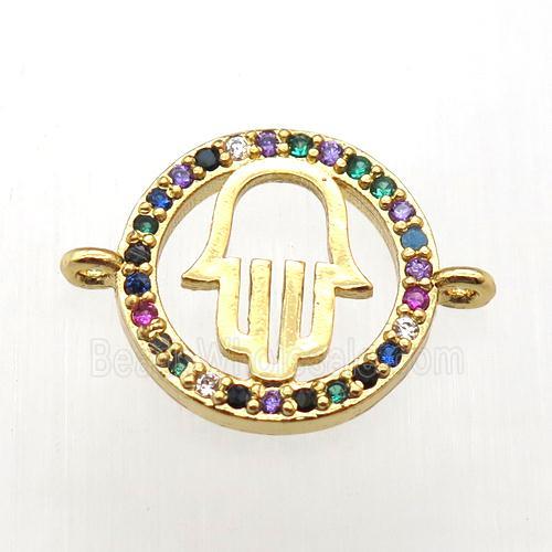 copper circle hamsahand connector pave zircon, gold plated