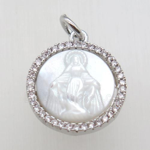 copper circle pendant paved zircon, shell Jesus, platinum plated