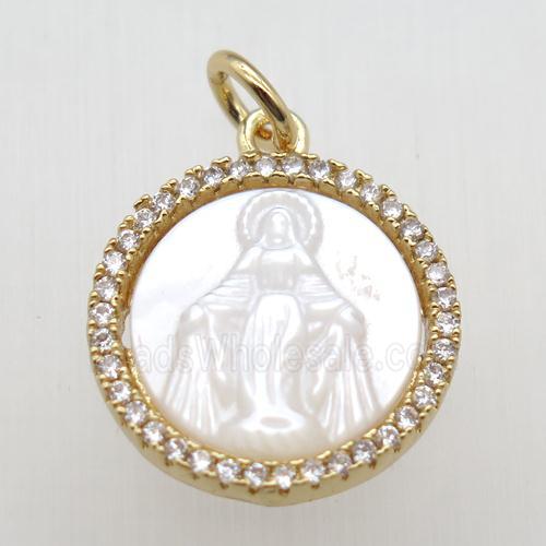 copper circle pendant paved zircon, shell Jesus, gold plated