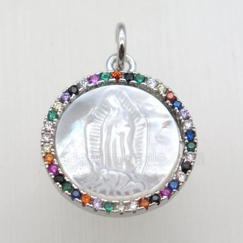 copper circle pendant paved zircon, shell Jesus, platinum plated