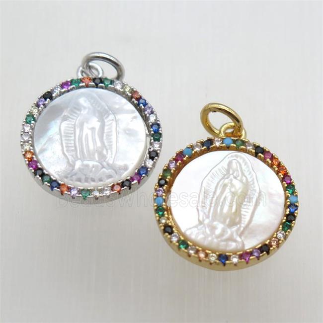 copper circle pendant paved zircon, shell Jesus, mixed color