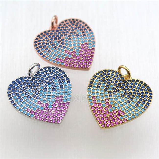 copper heart pendant paved zircon, mixed color