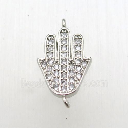 copper hamsahand connector paved zircon, platinum plated