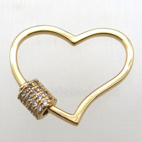 copper heart carabiner lock pendant paved zircon, gold plated