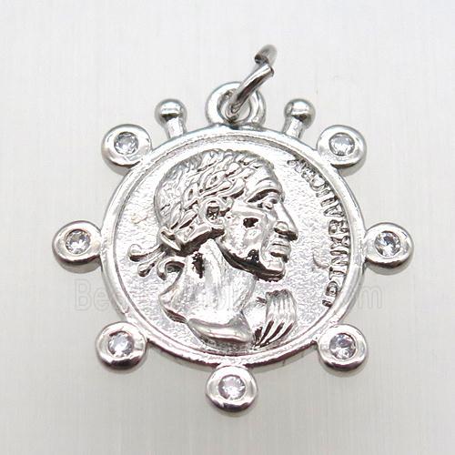 copper coin pendant pave zircon, platinum plated