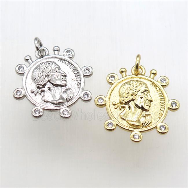 copper coin pendant pave zircon, mixed color