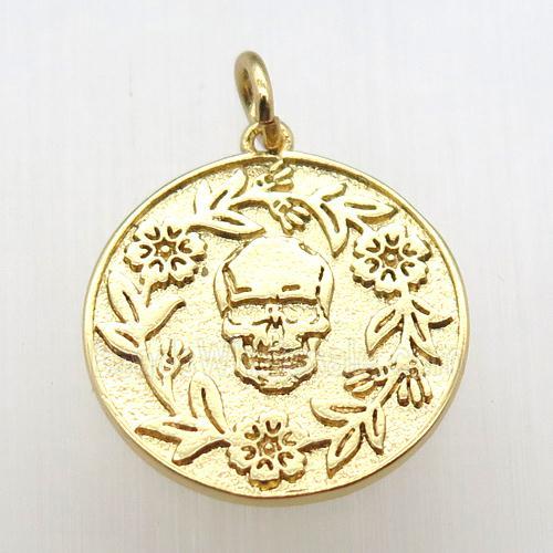 copper circle pendant, skull, gold plated