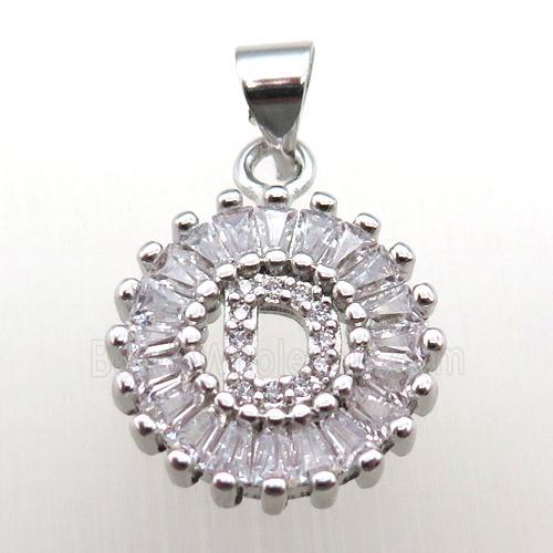 copper letter-D pendant paved zircon, platinum plated