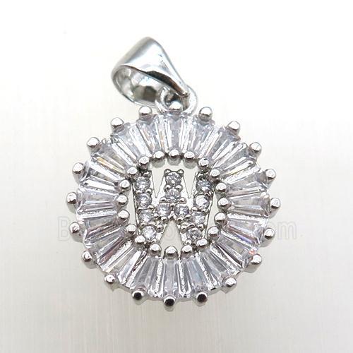 copper letter-W pendant paved zircon, platinum plated