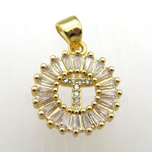 copper letter-T pendant paved zircon, gold plated