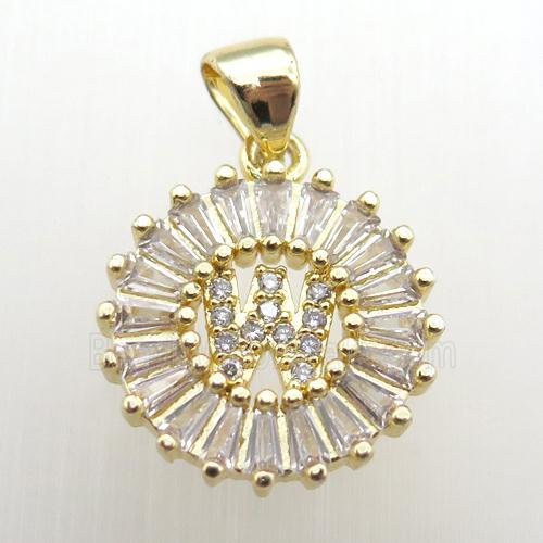 copper letter-W pendant paved zircon, gold plated
