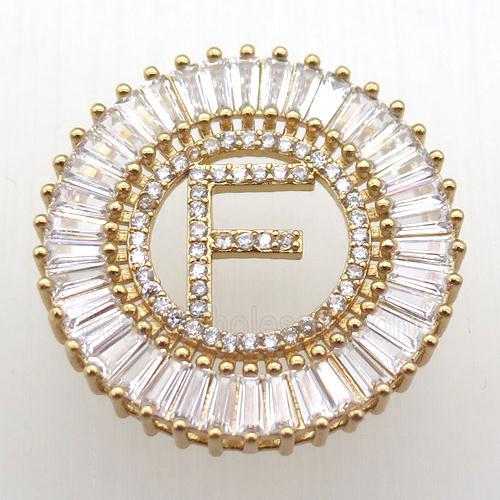 copper letter-F pendant paved zircon, gold plated